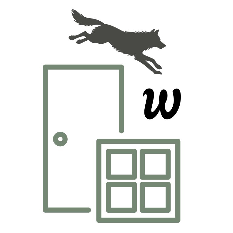 Firmenlogo Wiemert Montageservice Skizze eines Wolfes der von einer Tür auf ein Fenster mit dem Buchstaben W springt.